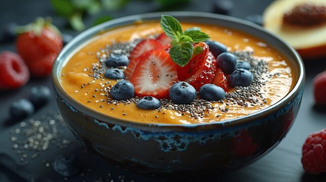 Tamarind smoothie bowl topped chia seeds fresh fruit vibrant smoothie in focus and the kitchen backdrop softly blurred promoting tamarinds role in a healthy breakfast Scientific name Tamarindus indica
