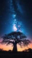 Silhouetted Baobab under Milky Way