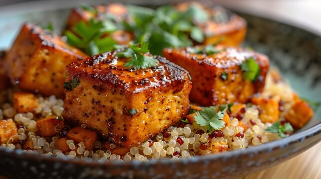 Tamarindglazed tofu served bed of quinoa vibrant meal focus clean minimalist dining table softly blurred showcasing tamarinds place in a nutritious plantbased diet Scientific name Tamarindus indica