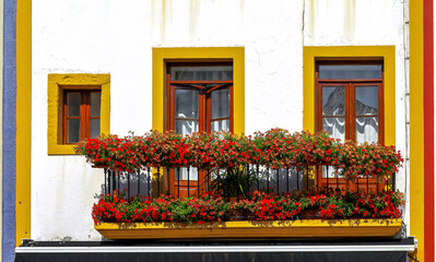 Uma casa portuguesa. Vasos de flores à varanda. Portas e janelas coloridas. 