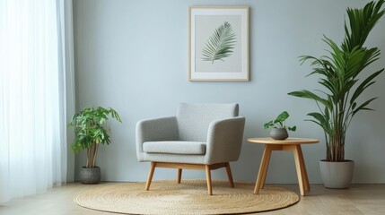 A stylish living room with a light, empty wall perfect for displaying artwork. Gray furniture adds a modern touch, while the armchair, table with a green plant, and round rug create a cozy atmosphere.