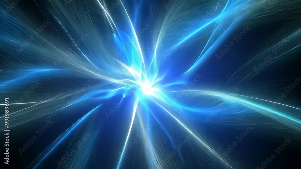 Poster a bright blue light explodes in the center of a dark background, creating a vibrant and dynamic patt