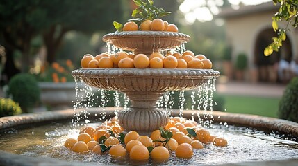 Tangerines floating decorative fountain lavish outdoor wedding guests mingling and soft music playing in the background evoking a sense of celebration and elegance Scientific name Citrus tangerina