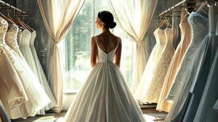 A bride-to-be admires her wedding dress while standing in front of a window in a bridal shop