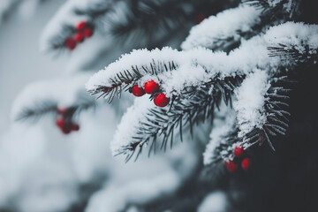 Snow-Covered Pine Tree with Red Berries