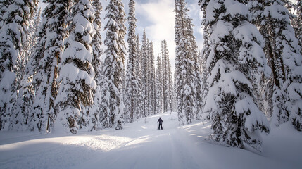 Fototapeta premium Solitary Skier on Snowy Trail