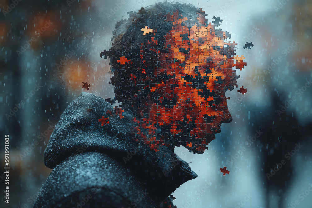Poster a person with a brain made of puzzle pieces, some missing and scattered around them, representing me