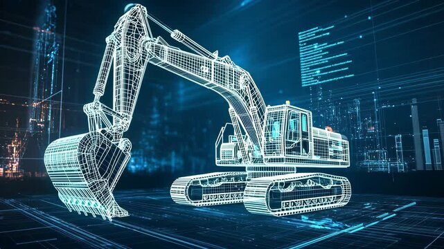 A wireframe excavator model stands on a digital platform, showcasing the future of construction technology