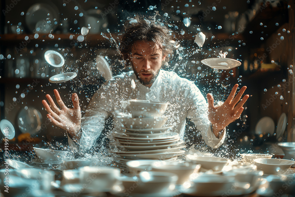 Poster a person trying to catch a falling stack of dishes, but failing and making a mess. concept of clumsi