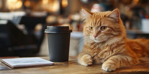 A charming orange cat sits comfortably at a cozy café table. The scene captures the essence of relaxation. Perfect for coffee lovers and pet enthusiasts alike. AI
