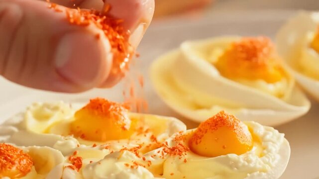 A hand sprinkles red seasoning over deviled eggs with creamy filling and bright yellow yolks, enhancing the presentation of this classic party dish