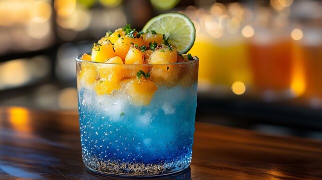 Ugli fruit salsa served grilled chicken lime zest placed stylish rooftop bar colorful cocktail sunset view softly blurred behind creating fresh zesty meal Scientific name Citrus reticulata Citrus