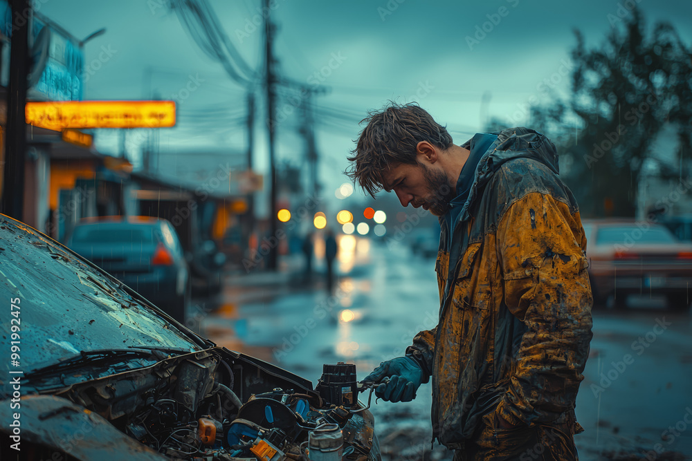 Poster a man trying to fix a broken car on the side of the road, clearly struggling and frustrated. concept