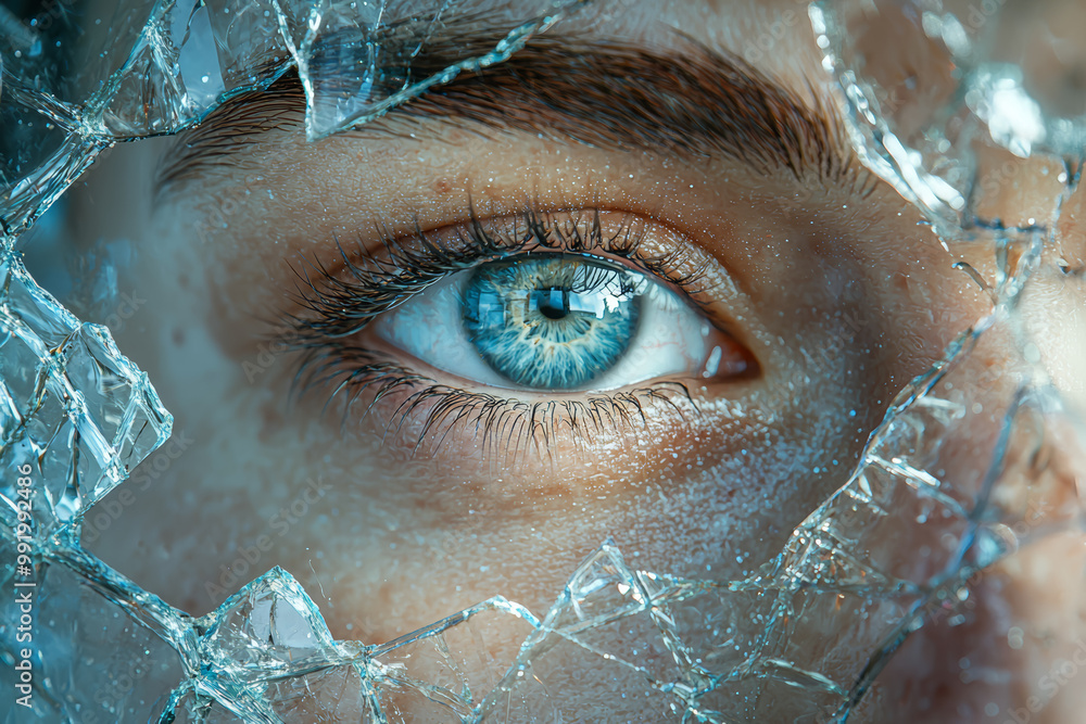 Poster a mirror reflecting a shattered image of the person looking into it, symbolizing self-image issues. 