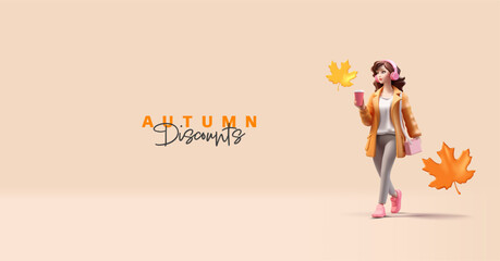 3D, A young girl is walking with a coffee, listening to her favorite music, and autumn leaves around. Modern fashion girl for autumn discounts, sales, lifestyle, and leisure concepts. Vector illustrat