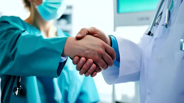 Two healthcare workers are sealing a collaborative effort with a handshake in a modern medical environment, emphasizing teamwork and professional unity