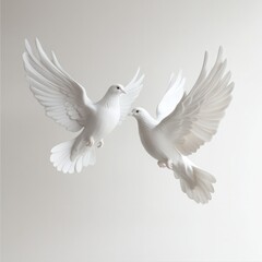 Obraz premium Two white doves as a symbol of peace are depicted on a white background flying in opposite directions