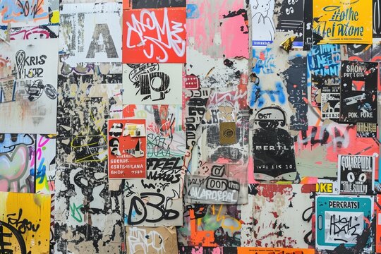 Fototapeta A vibrant collage of various stickers and graffiti on a wall, showcasing a mix of colors and designs. The wall features a chaotic arrangement of posters, tags, and street art.