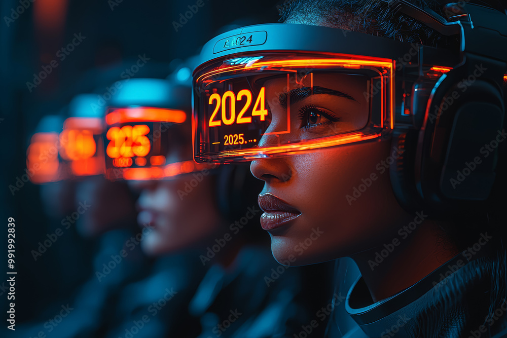 Poster a group of friends watching a virtual reality display as 