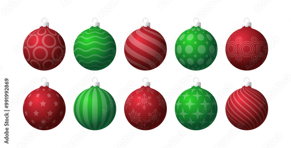 Poster christmass ball set, vector illustration of a green and red xmas balls with different patterns on a 