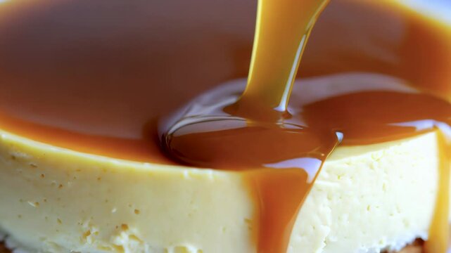 Delicious caramel sauce poured over creamy flan dessert made in a home kitchen