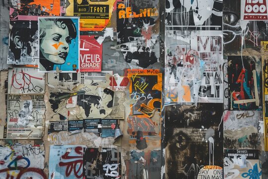 A textured wall covered with various posters, advertisements, and graffiti. The colorful layers of paper and paint create an urban art aesthetic, showcasing a mix of styles and messages.