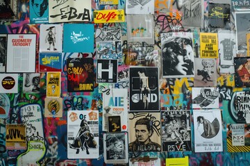 A vibrant collage of posters and graffiti on a wall, featuring various artistic styles and colors. The wall is covered with a mix of black and white images, colorful graphics.