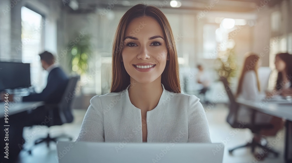 Wall mural a confident woman sits at her desk, engaging with her laptop while surrounded by colleagues in a bri