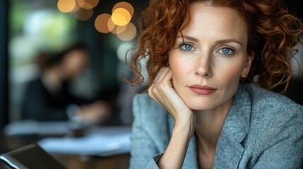 Fototapeta premium A woman gazes intently while resting her head on her hand in a lively cafe atmosphere