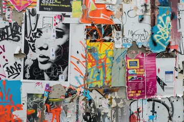A vibrant urban wall covered in layers of graffiti and posters, featuring a striking black-and-white face illustration amidst colorful splashes of paint and torn paper. 