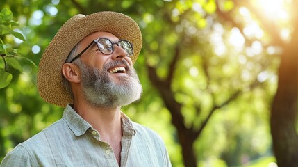 An older man with glasses and a straw hat smiles widely, appreciating nature in a vibrant green park
