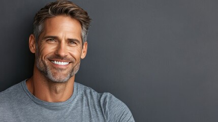 Fototapeta premium A man exudes confidence and happiness while smiling in a casual environment with a neutral backdrop