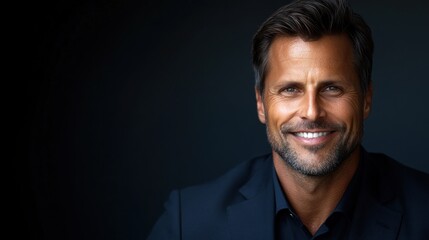 Fototapeta premium A confident man with a warm smile is dressed in a formal suit, radiating charm during an evening gathering