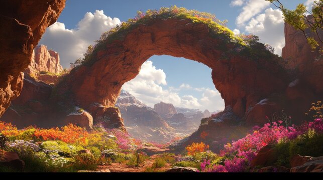 A mesmerizing natural archway carved by erosion, framed by vibrant flora and dramatic cliffs