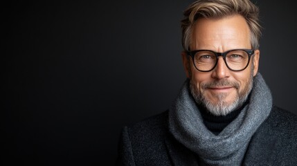 A mature gentleman with glasses exudes warmth while wearing a scarf in a stylish, dimly lit environment