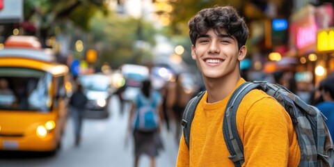 Fototapeta premium A cheerful young man stands on a busy street, enjoying the vibrant atmosphere of the city around him