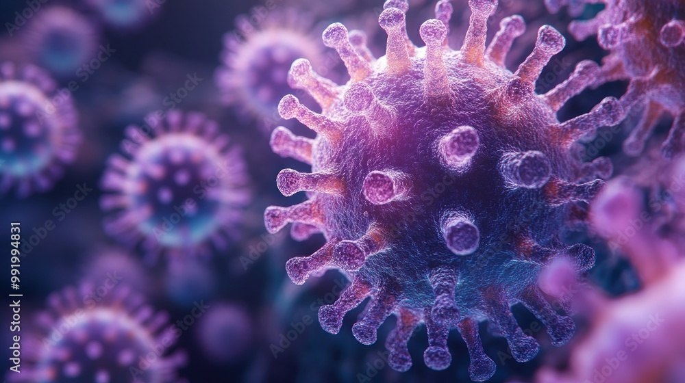 Poster detailed view of a virus showcasing its structure and surface features in a laboratory setting