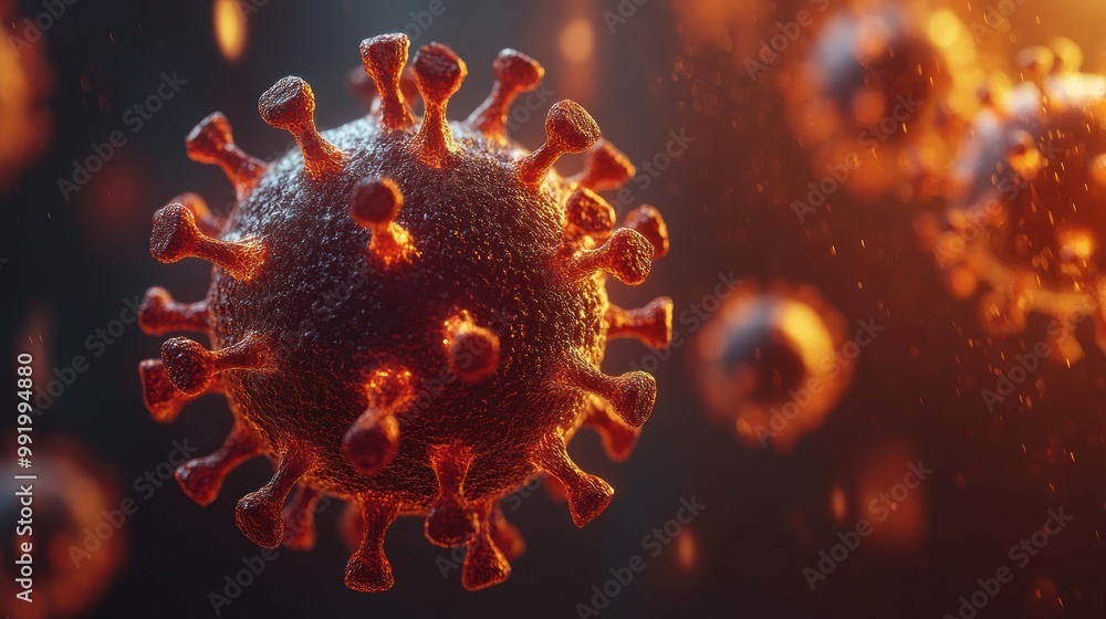 Poster a close-up view of a virus particle showcasing its intricate details and textures amidst a vibrant b