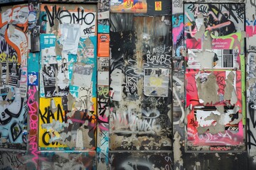 A vibrant urban scene featuring a weathered wall covered in colorful graffiti and posters. The wall displays a mix of artistic expressions, including tags, stickers, and torn paper.