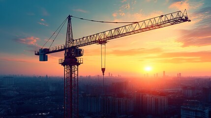 The construction crane stands tall as the sun sets, casting a warm glow over the cityscape below