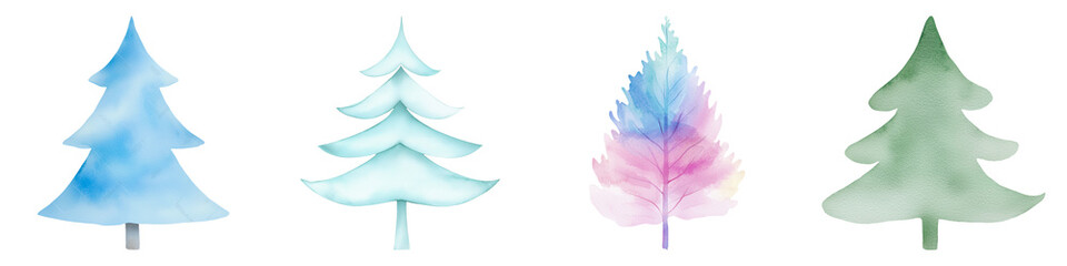 Four artistic tree silhouettes in varying styles and colors, against a black background, showcasing creativity and composition.