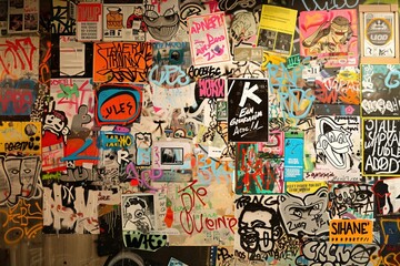 Obraz premium A vibrant wall covered with an eclectic mix of graffiti, posters, and stickers. The artwork features bold colors, abstract designs, and various artistic styles, creating a lively urban atmosphere.