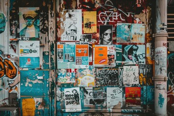 Fototapeta premium A vibrant urban wall covered with a collage of posters, graffiti, and street art. The posters feature various colors, designs, and text, creating a chaotic yet artistic display.