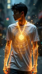 Obraz premium A young man in a white shirt displays glowing energy effects in a dimly lit urban setting