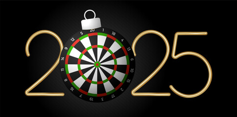 dart board 2025 Happy New Year. Sports greeting card with golden number 2025 and ball on the black background. Vector illustration.