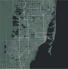 Map of Miami in Florida in a smooth dark style. Contains layered vector with roads water, parks, etc.