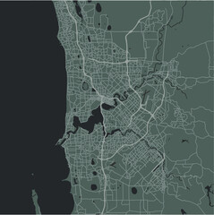 Map of Perth in Australia in a smooth dark style. Contains layered vector with roads water, parks, etc.