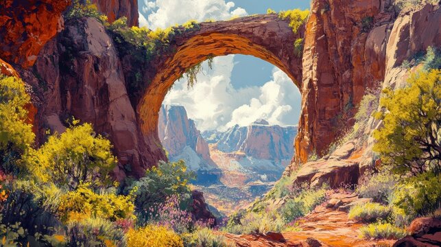 A mesmerizing natural archway carved by erosion, framed by vibrant flora and dramatic cliffs
