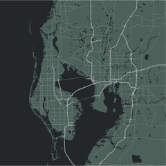 Map of Tampa in Florida in a smooth dark style. Contains layered vector with roads water, parks, etc.