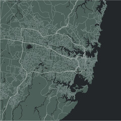 Map of Sydney in Australia in a smooth dark style. Contains layered vector with roads water, parks, etc.